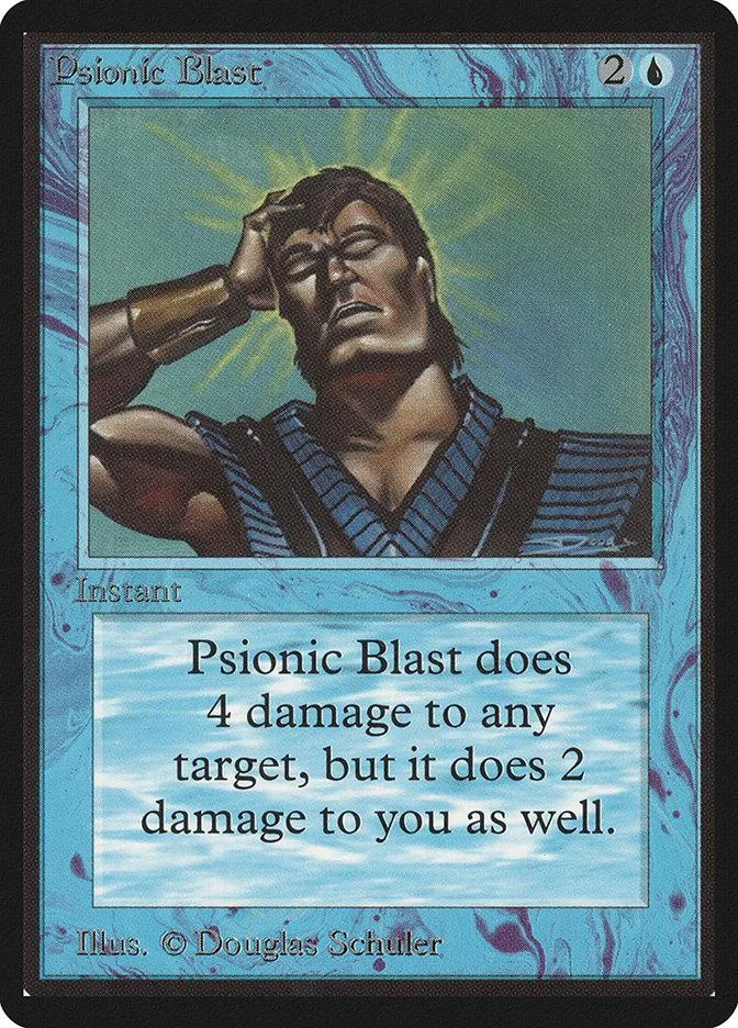 Card art depicts a man with glowing energy, titled "Psionic Blast.