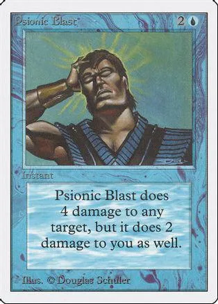 Card art shows a man with glowing energy, titled "Psionic Blast.