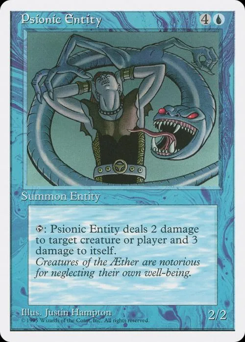 Blue and green card art featuring a figure inside a blue serpentine creature.