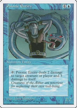 Blue and white card featuring a pale, skeletal figure inside a blue ring.