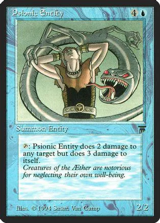 Grey, skeletal figure inside a large, coiled grey serpent on a blue card.