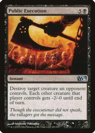 Black and orange card art showing a large axe descending on a crowd.
