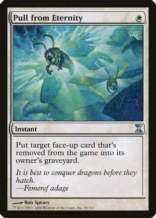 Blue and green fantasy card art featuring a small creature flying over a landscape.