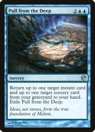 Blue and black Magic: The Gathering card, "Pull from the Deep," showing a glowing cavern.