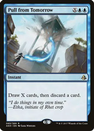 Blue and white Magic: The Gathering card, "Pull from Tomorrow," showing a blue energy effect.