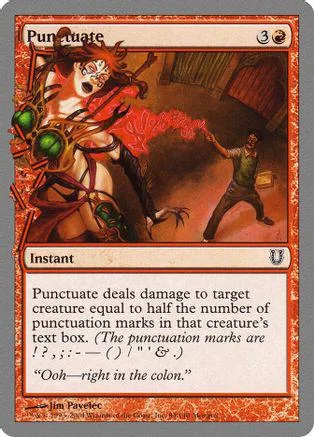 Red-haired figure attacks small man on a fantasy trading card.