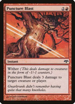 Tree burning in orange and red. Card art for "Puncture Blast" instant spell.