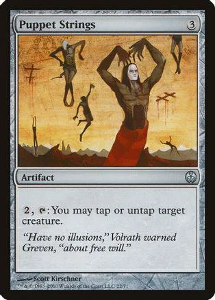 Card art depicts figures suspended by strings against an orange sky.