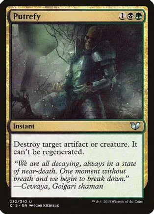 Dark armored figure on a collectible card, showing "Putrefy" text.