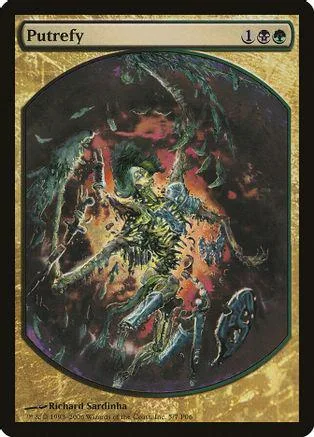 Dark fantasy creature illustration on a black and gold Magic: The Gathering card.