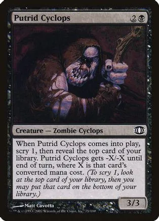 Zombie cyclops creature card art, dark colors, showing a monstrous figure.