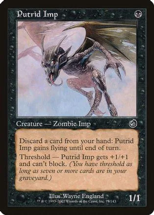 Dark, winged zombie imp creature card art, black and gray tones.