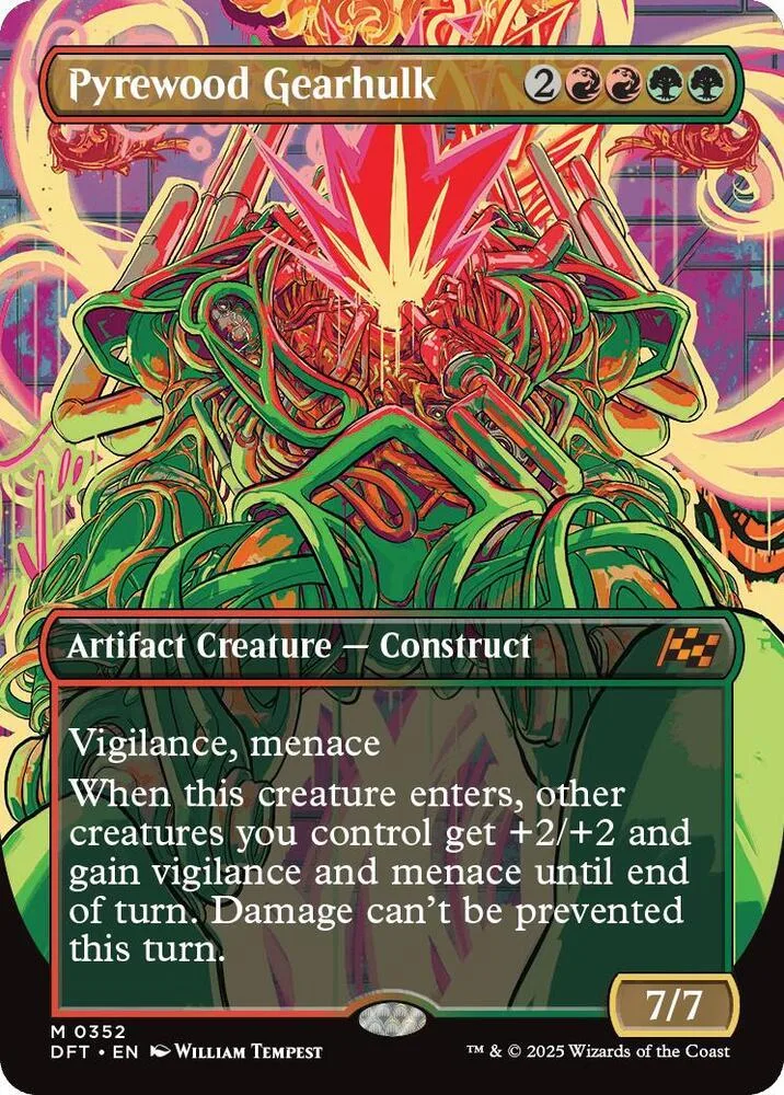 Green and red mechanical creature card art, showing a complex, spiky construct.