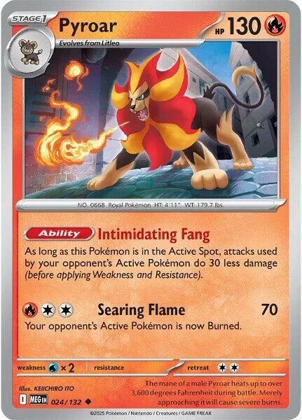 Red and yellow fiery Pokémon on a card, showing attack abilities and stats.