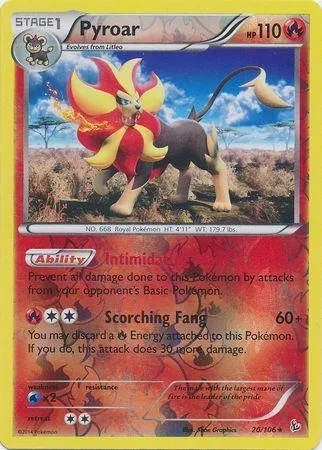 Red and yellow fire Pokémon on a blue background, showing stats and ability text.