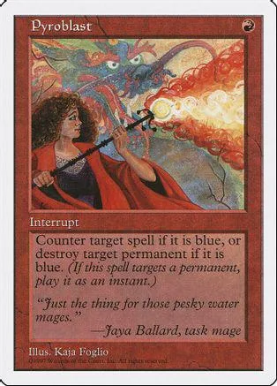 Card art shows woman with staff facing fiery blue dragon. Pyroblast spell.