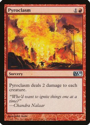 Firestorm scene on a Magic: The Gathering card, orange and yellow hues.