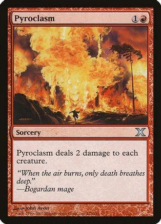 Firestorm scene on a Magic: The Gathering card, orange and yellow hues.