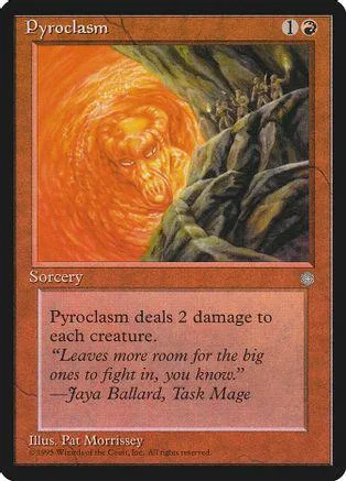 Orange fiery creature against dark mountains on a Magic: The Gathering card.