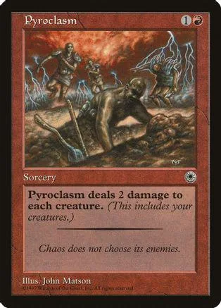 Red and black Magic: The Gathering card, Pyroclasm, depicting fiery chaos.
