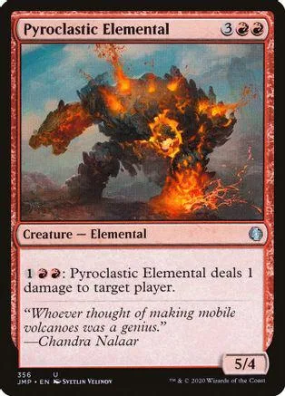 Fire elemental creature card with orange and black volcanic eruption art.