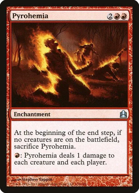 Fire-themed Magic: The Gathering card, Pyrohemia, showing a burning forest scene.