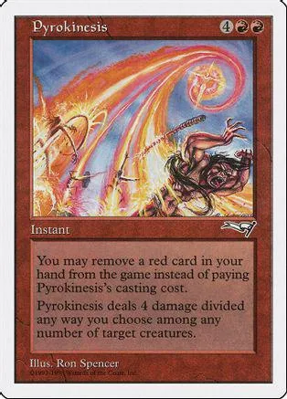 Magic: The Gathering card, Pyrokinesis, featuring fire and a figure.