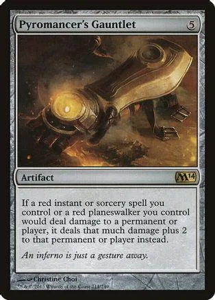 Gold and brown gauntlet artifact card art with fiery background.