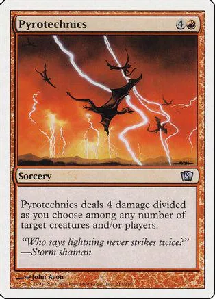 Black dragon flying through orange sky with lightning strikes on a card.