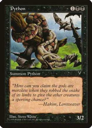 Green and brown python coiled on green landscape, black card frame.