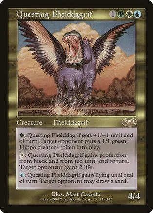 Purple winged creature on a fantasy landscape card. Creature type, 4/4.