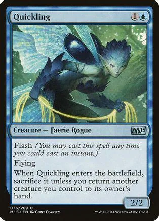 Blue-toned faerie rogue creature card art, featuring a dark, winged figure in a forest.