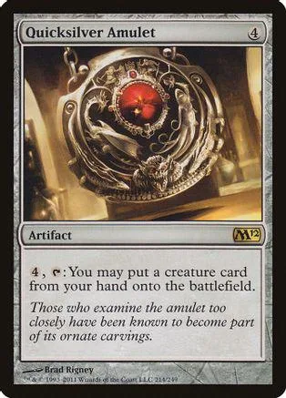 Silver amulet card art, ornate design, red center, black and white card frame.