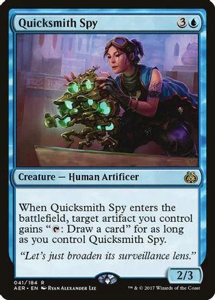 Woman with glowing green mechanical creature on a Magic: The Gathering card.
