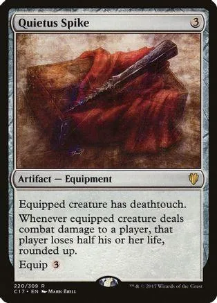 Dark, bloody sword on brown, textured card. Quietus Spike Magic: The Gathering card.