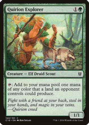 Elf druid scout with wolf, green and brown colors, standard trading card.