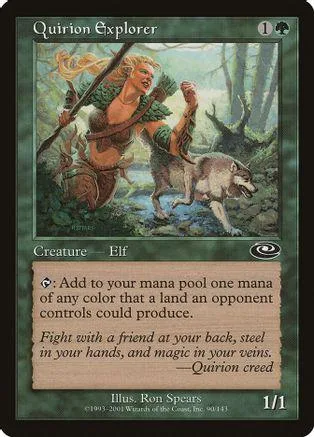 Elf creature with a wolf, holding a spear, on a green landscape card.