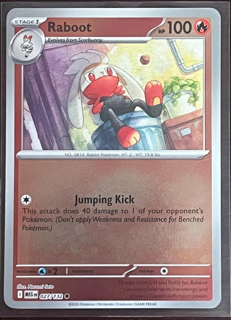 Raboot Pokémon card featuring a white and red rabbit, Stage 1, HP 100.