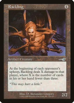 Creature card art: monstrous, skeletal figure in dark, fiery setting.