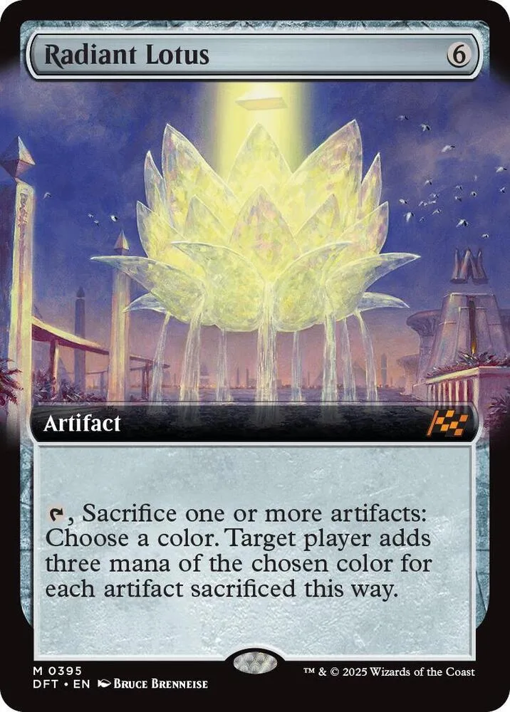 Magic: The Gathering card, Radiant Lotus, yellow lotus flower on blue background.