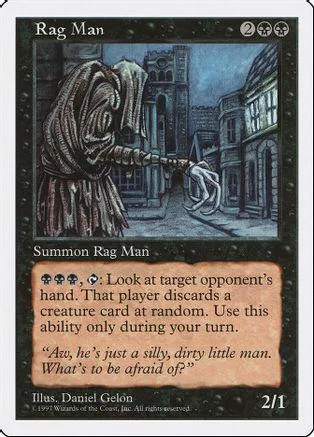 Magic: The Gathering Rag Man card art showing cloaked figure in city street.