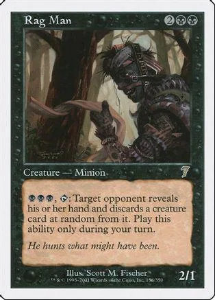 Rag Man creature card art, dark forest setting, black and brown tones.