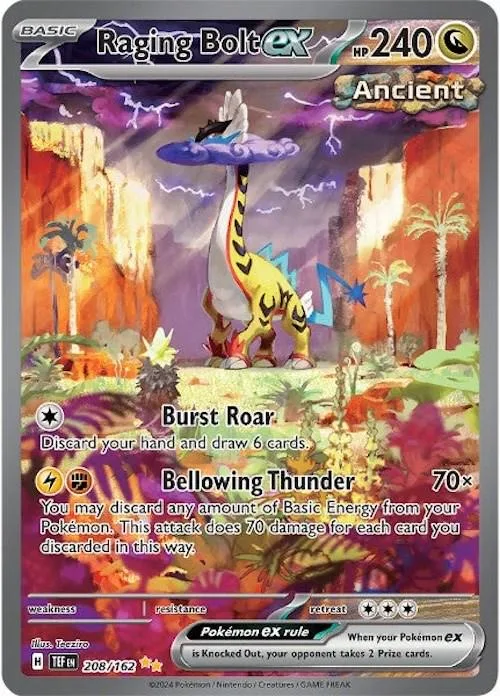 Yellow and black dinosaur Pokémon card with purple and orange background art.