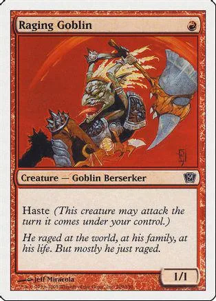Goblin berserker card art: goblin warrior with axe against orange background.
