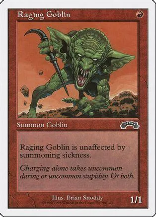 Green goblin with curved scythe on orange background. Magic: The Gathering card.