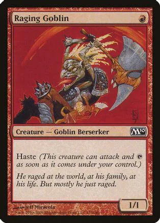 Goblin berserker creature card art, red and orange tones, showing a fierce goblin.