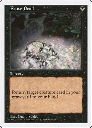 Black and white card art of a creature in a dark, misty setting. "Raise Dead" text.