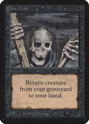 Card featuring a skull figure, dark colors, and "Return creature from your graveyard" text.