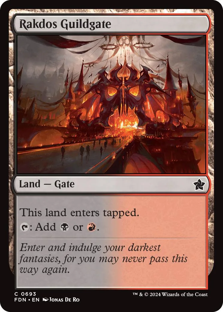 Dark fantasy land card art featuring a fiery, imposing castle structure.