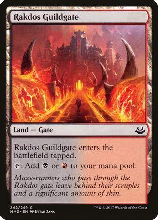 Magic: The Gathering card, Rakdos Guildgate, fiery landscape art, land type.